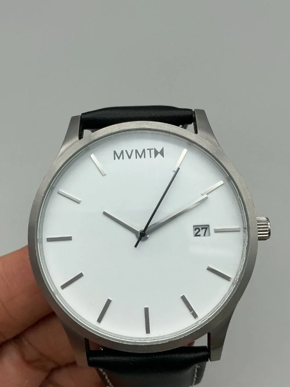 MVMT Classic Men Watch 45mm Stainless White Dial Black Leather New Battery